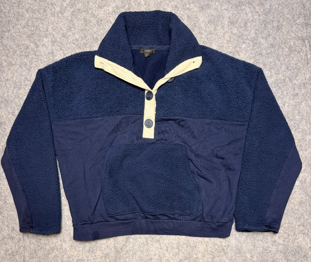 J. Crew Teddy Bear Fleece Sherpa Pullover Sweatshirt Navy White Preppy Small